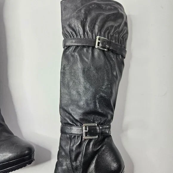 Michael Kors Stiletto High Heel Platform Boots Size 7.5 Black Leather Knee High - Picture 12 of 16